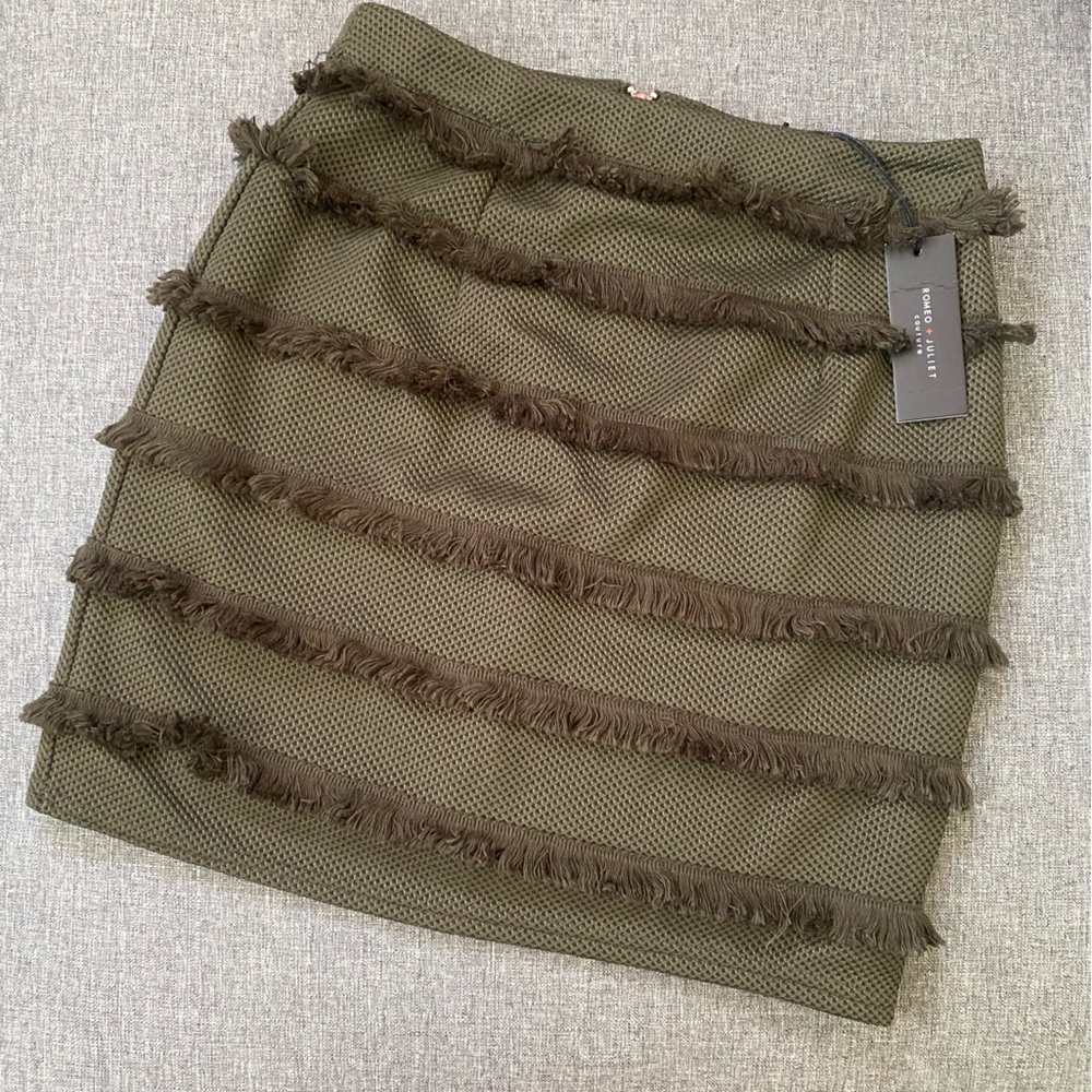 Rome + Juliet Couture Tasseled Olive Green Mini Skirt